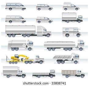 Vector transportation icon set. Trucks and vans