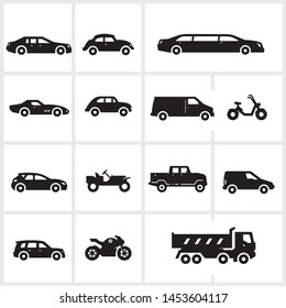 vector transportation icons including car, van, motorcycle, truck, isolated on white background