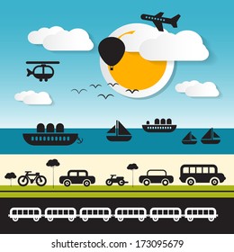 Vector Transportation Icons on Landscape Background