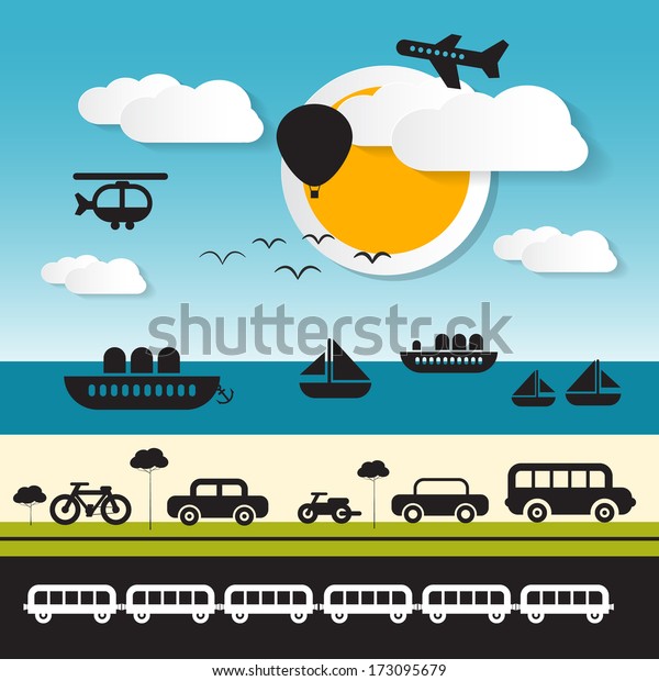 Vector
Transportation Icons on Landscape
Background