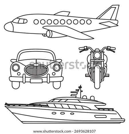 Vector transportation icons set with airplane car motorcycle and yacht
