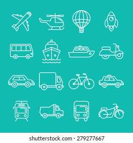 Vector transportation icons and signs in trendy mono line style - outline illustrations - different vehicles