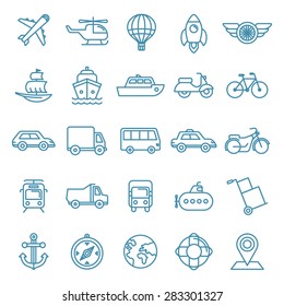 Vector transportation and logistics icons and signs in trendy mono line style - outline illustrations - different vehicles