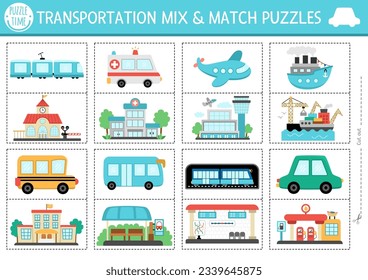 Vector transportation mix and match puzzle with cute car, ship, train, bus, plane, ambulance. Matching transport activity for kids. Educational printable city vehicles game with places they go
