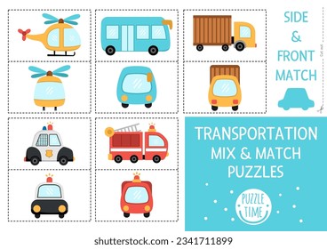 Vector transportation mix match puzzle with truck, helicopter, police car, bus, fire engine. Matching transport activity for kids. Educational printable game with front and side view vehicles
