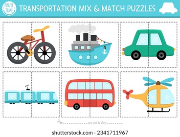 Vector transportation mix and match puzzle with cute bike, ship, car, train, bus, helicopter. Matching transport activity for preschool kids. Educational printable city vehicles game
