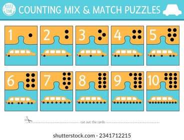 Vector transportation mix and match puzzle with cute limousine and wheels. Matching math activity for preschool children. Educational printable counting match up game for kids with limo car
