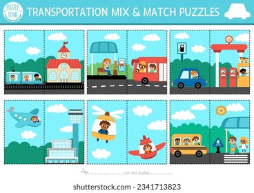 Vector transportation mix and match puzzle with cute scenes with car, train, bus, helicopter, plane. Matching transport activity for kids. Educational printable city vehicles game with places
