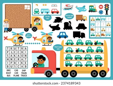 Vector transportation placemat for children. Transport printable activity mat with maze, word search puzzle, shadow match, find difference. Play mat, menu, kids magazine spreadsheet with cars
