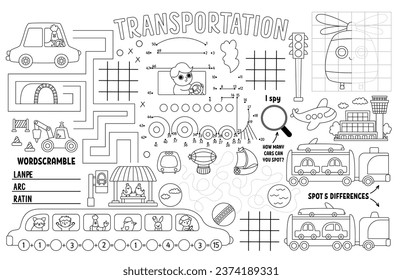 Lugar de transporte de vectores para niños. Transportar alfombras de actividad imprimibles con laberinto, tac tac tac tac tac, conectar los puntos, encontrar la diferencia. Mat de juego en blanco y negro, página de color con coche, tren