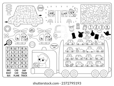 Lugar de transporte de vectores. Funda de actividad imprimible de línea de transporte con laberinto, rompecabezas de búsqueda de palabras, coincidencia de sombras, encontrar diferencia. Mat de juego en blanco y negro, menú, página de color con coches
