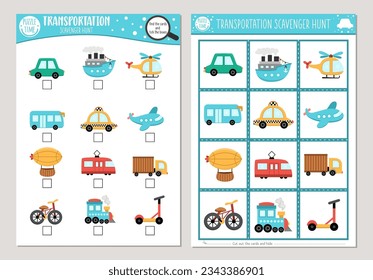 Vector transportation scavenger hunt cards set. Seek and find game with cute car, bus, truck, train, for kids. Transport searching activity. Simple educational printable worksheet with vehicles
