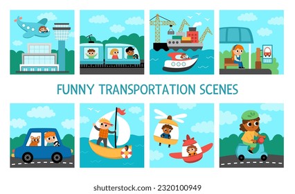 Vector transportation scenes set. Cute kids driving different transport. City, air, sea, road vehicles square landscapes with boys and girls. Cartoon children on a car, boat, train, plane