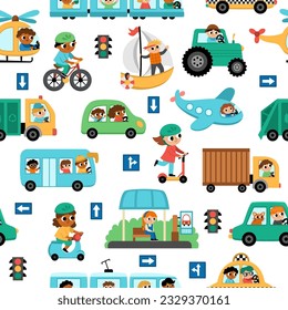 Vector transportation seamless pattern with children. Funny water, land, air transport repeat background with drivers for kids. Cars and vehicles texture with train, truck, bus, plane
