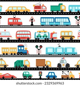 Vector transportation seamless pattern. Funny transport repeat background for kids with horizontal road and railroad. Digital paper with cars and vehicles. Cute texture with train, truck, metro
