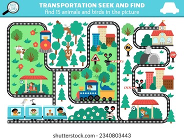 Vector transportation searching game with city landscape, rails, trains. Spot hidden animals and birds in the picture. Simple railroad transport seek and find educational printable activity for kids
