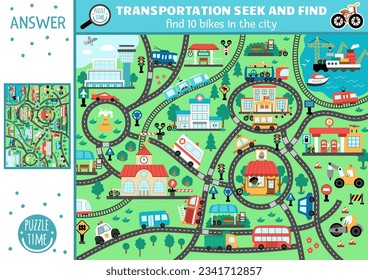 Juego de búsqueda de transporte de vectores con paisaje de la ciudad con carreteras, coches. Encontrar bicicletas ocultas en la foto. Agua simple, aire, transporte terrestre buscar y encontrar actividades educativas imprimibles para los niños
