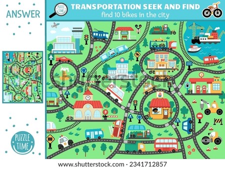 Vector transportation searching game with city landscape with roads, cars. Spot hidden bikes in the picture. Simple water, air, land transport seek and find educational printable activity for kids

