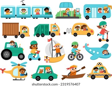 Vector transportation set with children. Funny water, land, air transport collection with drivers for kids. Cars and vehicles clip art. Cute car, train, truck, bus, plane, icons with passengers
