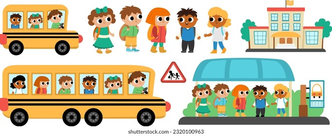 Vector transportation set with children. Funny school bus clipart collection with driver, little schoolchildren, bus stop, building for kids. Cute boys and girls waiting for schoolbus