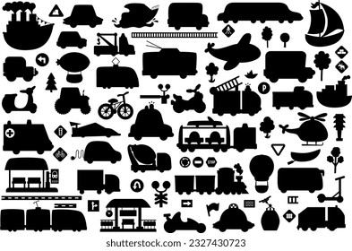 Vector transportation silhouettes set. Black icons collection with different kinds of transport. Cute road way shadow illustrations with bus, car, boat, truck, bike, plane, train, bus stop, station