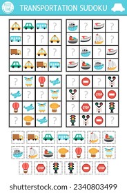 Vector transportation sudoku puzzle for kids with pictures. Simple transport quiz with cut and glue elements. Education activity or coloring page with car, truck, traffic signs. Draw missing objects
