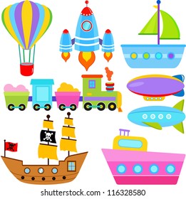 Vector of Transportation theme - boat, balloon, submarine, pirate boat, ship, aircraft, train, airship vehicles. A set of cute and colorful icon collection isolated on white background