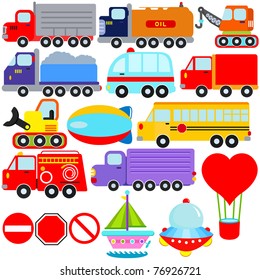 Vector of Transportation theme with Car, Vehicle, truck, container. A set of cute and colorful icon collection isolated on white background