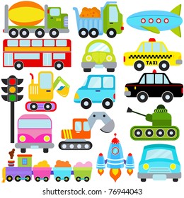 Vector of Transportation theme with  Car, Vehicle, truck, taxi, tourist bus, train. A set of cute and colorful icon collection isolated on white background