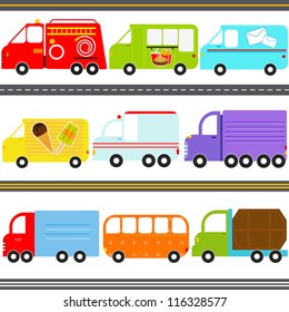 Vector Of Transportation Theme - Fire Truck, Food Truck, Mail Truck, Icecream Truck, Ambulance, A Van. A Set Of Cute And Colorful Icon Collection Isolated On White Background