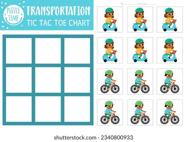 Vektor Transport tic Tac Toe Diagramm mit Mädchen und Jungen Rad und Roller fahren. Brettspiel-Feld mit süßen Charakteren. Funny Transport druckbaren Arbeitsblatt. Gitter für Knochen und Kreuzungen 
