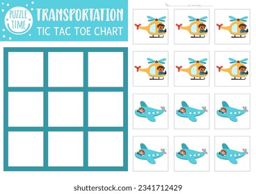 Vector transportation tic tac toe chart with helicopter and plane. Board game playing field with cute aircrafts. Funny air transport printable worksheet. Noughts and crosses grid 
