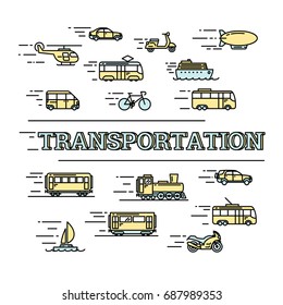 Vector transportation and travel related concept illustration. Ship, train, bus & other public transport symbols; car, van, motorbike, bicycle signs