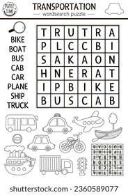 Vector transportation wordsearch black and white puzzle for kids. Simple word search line quiz. Activity with plane, ship, car, bus, boat, bike, truck. Cross word coloring page with city transport