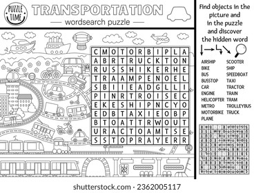 Vector transportation wordsearch black and white puzzle for kids. Simple line word search quiz with city landscape. Educational activity with plane, ship, car, bus, train. Cross word coloring page