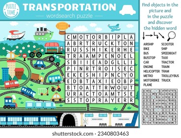 Rompecabezas de búsqueda de palabras de transporte de vectores para niños. Prueba de búsqueda de palabras simple con el paisaje de la ciudad. Actividad educativa con avión, barco, auto, bus, tren, tranvía. Palabra cruzada con mapa urbano