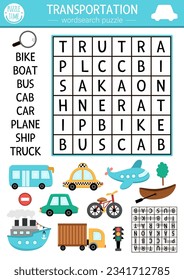 Vector transportation wordsearch puzzle for kids  Simple word search quiz  Educational activity and plane  ship  car  bus  boat  bike  cab  truck  Cross word and city transport