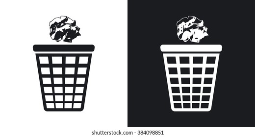 Vector trash basket icon with crumpled paper. Two-tone version on black and white background