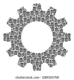 Vector trash bin icons are organized into cog illustration. Equipment design concept constructed from trash bin items.