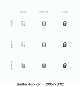 Vector trash can delete remove icon in varying stroke weight such as light, regular, and thick, as well as different styles such as round, sharp, and duotone