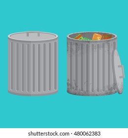 Vector trash can. The trash can filled with garbage. Shabby, dirty and used. The flat design style.