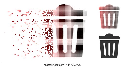 Vector trash can icon in dissolved, dotted halftone and undamaged solid variants. Disappearing effect involves square dots and horizontal gradient from red to black.