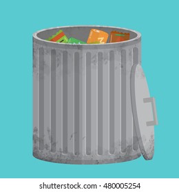 Vector Trash can, icon xxl. The trash can filled with garbage. Shabby, dirty and used. The flat design style.