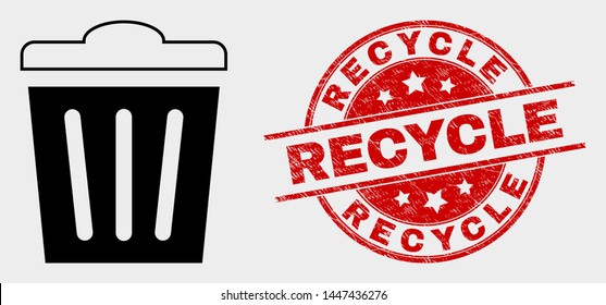 Vector trashcan pictogram and Recycle stamp. Red rounded textured stamp with Recycle caption. Vector combination for trashcan in flat style. Black isolated trashcan pictogram.