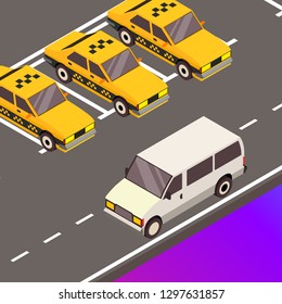 Vector trasportation illustration. Icons of transport. Taxi. Isometric image of vehicle. Traffic and speed concept.