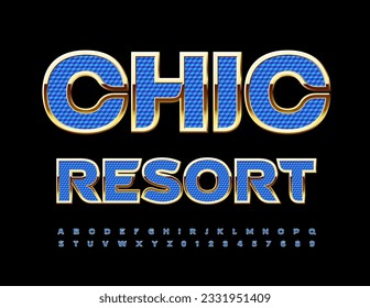 Anuncio de viaje vectorial Chic Resort. Fuente elegante azul y dorado. Juego de letras y números de alfabeto de lujo