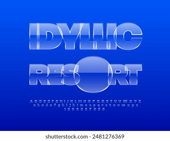Vector travel advertisement Idyllic Resort. Glass style Font. Glossy clean Alphabet Letters and Numbers set.