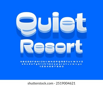 Vector travel advertisement Quiet Resort. Elegant White 3D Font. Modern Alphabet Letters and Numbers set.