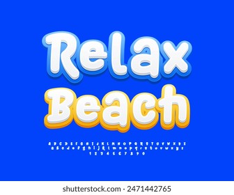 Vector travel advertisement Relax Beach. Funny White and Blue Font. Bright Alphabet Letters and Numbers set.