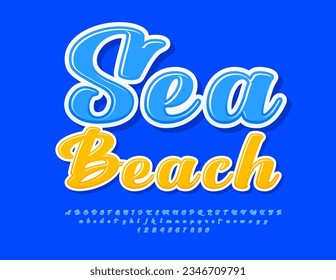 Vector travel advertisement Sea Beach. Stylish Blue Font. Calligraphic Alphabet Letters, Numbers and Symbols set. 